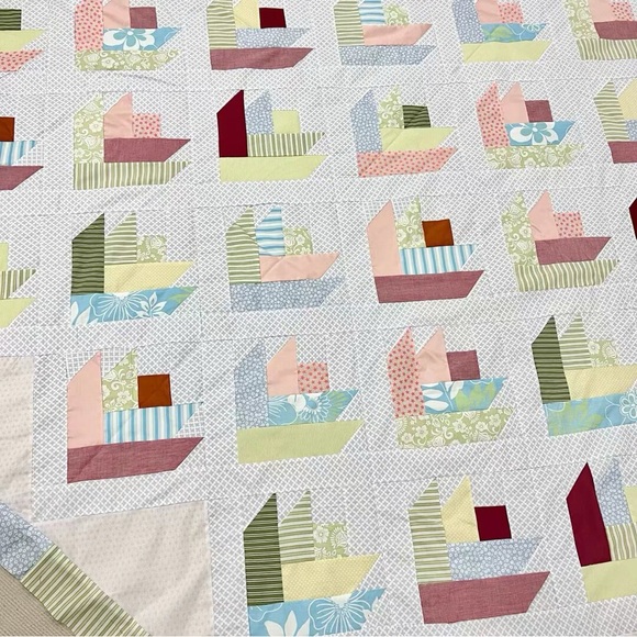 Handmade Floral Log Cabin Patchwork Cotton fabric Queen size Quilt Top/Topper - Picture 2 of 4